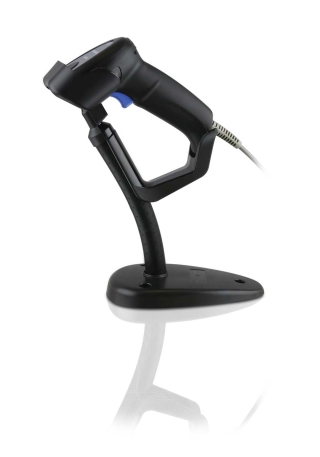 QuickScan QD2200, in Flex Stand, Black, Left Facing with Motion, Upright